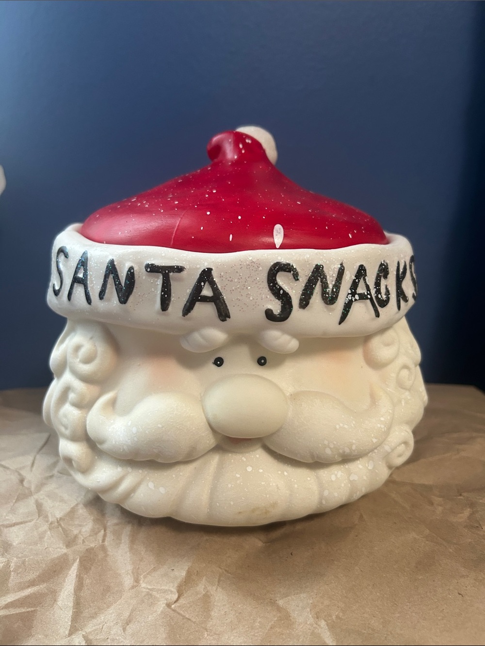 Santa Snacks Christmas Ceramic Cookie Jar with Lid Red and White sparkles.